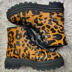 SCHUTZ Maylova Leopard Calf Hair Combat Womens Ankle Boots
